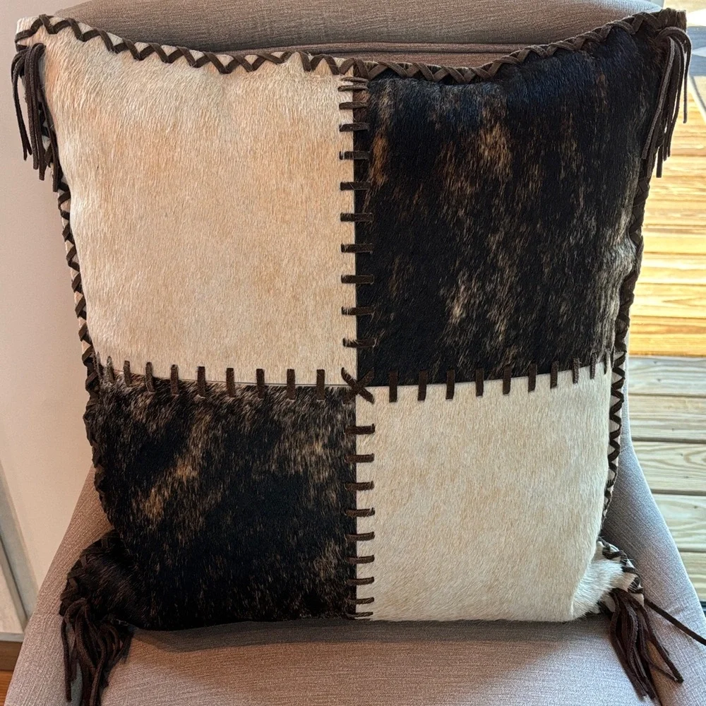 YKK 100% Real Cowhide Reversible Patchwork Accent Pillow Cover - Picture 2 of 11